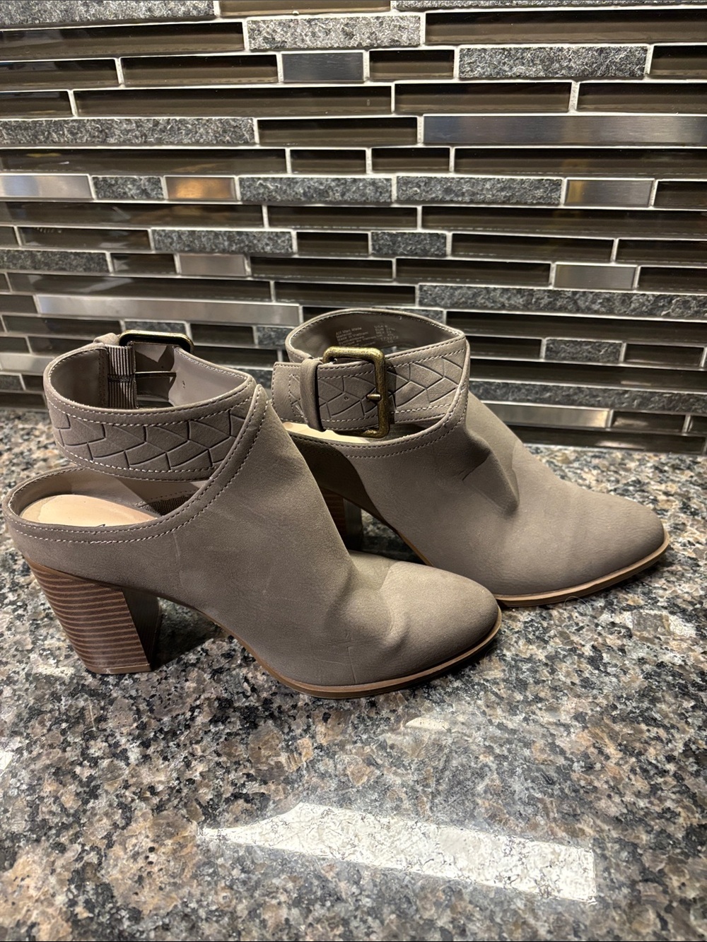American Eagle Taupe High Open Back Block Heel Ankle Booties with Buckle Size 6